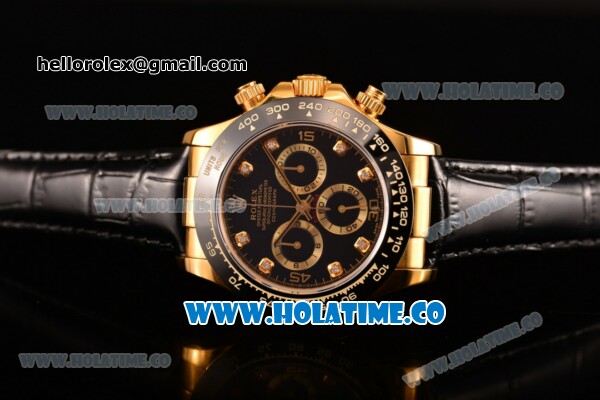 Rolex Daytona Chrono Swiss Valjoux 7750 Automatic Yellow Gold Case with Diamonds Markers Black Dial and Black Leather Strap - Ceramic Bezel (BP) - Click Image to Close