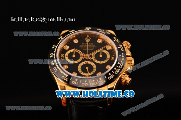 Rolex Daytona Chrono Swiss Valjoux 7750 Automatic Yellow Gold Case with Diamonds Markers Black Dial and Black Leather Strap - Ceramic Bezel (BP) - Click Image to Close