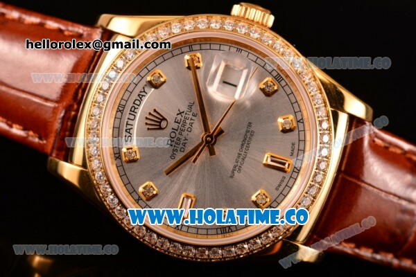 Rolex Day-Date Asia Automatic Yellow Gold Case with Diamonds Markers Silver Dial and Diamonds Bezel (BP) - Click Image to Close