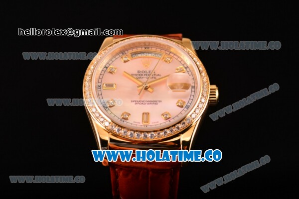 Rolex Day-Date Asia Automatic Yellow Gold Case with Diamonds Markers Orange Dial and Diamonds Bezel (BP) - Click Image to Close