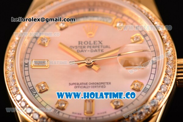 Rolex Day-Date Asia Automatic Yellow Gold Case with Diamonds Markers Orange Dial and Diamonds Bezel (BP) - Click Image to Close