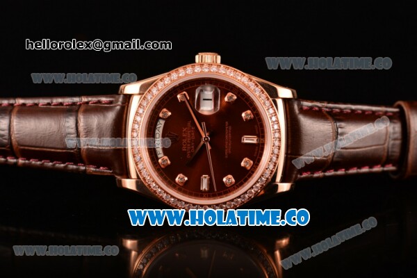 Rolex Day-Date Asia Automatic Rose Gold Case with Diamonds Markers Brown Dial - Diamonds Bezel (BP) - Click Image to Close