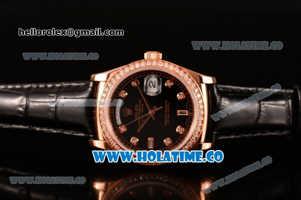 Rolex Day-Date Asia Automatic Rose Gold Case with Diamonds Markers Black Dial - Diamonds Bezel (BP) - Click Image to Close