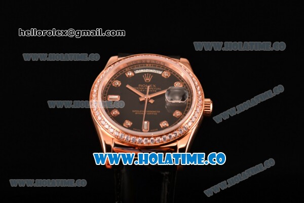 Rolex Day-Date Asia Automatic Rose Gold Case with Diamonds Markers Black Dial - Diamonds Bezel (BP) - Click Image to Close