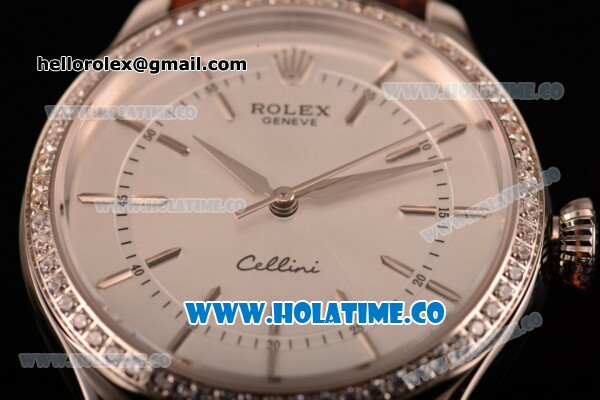 Rolex Cellini Asia Automatic Steel Case with Stick Markers Silver Dial and Brown Leather Strap - Diamonds Bezel - Click Image to Close