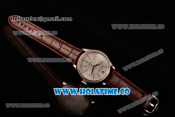 Rolex Cellini Asia Automatic Steel Case with Stick Markers Silver Dial and Brown Leather Strap - Diamonds Bezel - Click Image to Close