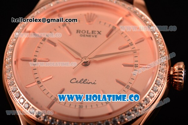 Rolex Cellini Asia Automatic Rose Gold Case with Stick Markers Rose Gold Dial and Brown Leather Strap - Diamonds Bezel - Click Image to Close