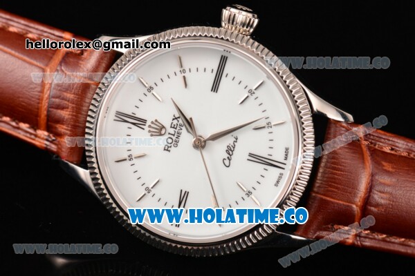 Rolex Cellini Time Asia 2813 Automatic Steel Case with White Dial Brown Leather Strap and Stick/Roman Numeral Markers - Click Image to Close