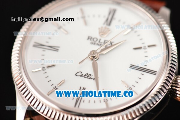 Rolex Cellini Time Asia 2813 Automatic Steel Case with White Dial Brown Leather Strap and Stick/Roman Numeral Markers - Click Image to Close