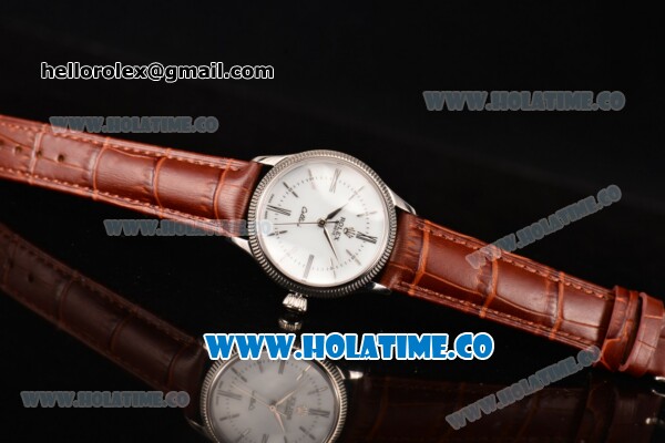 Rolex Cellini Time Asia 2813 Automatic Steel Case with White Dial Brown Leather Strap and Stick/Roman Numeral Markers - Click Image to Close