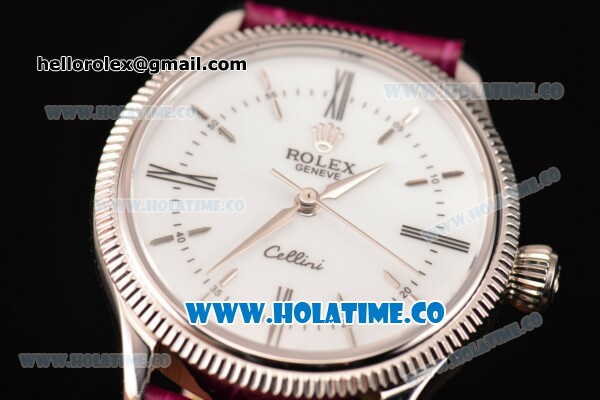 Rolex Cellini Time Asia 2813 Automatic Steel Case with White Dial Burgundy Leather Strap and Stick/Roman Numeral Markers - Click Image to Close
