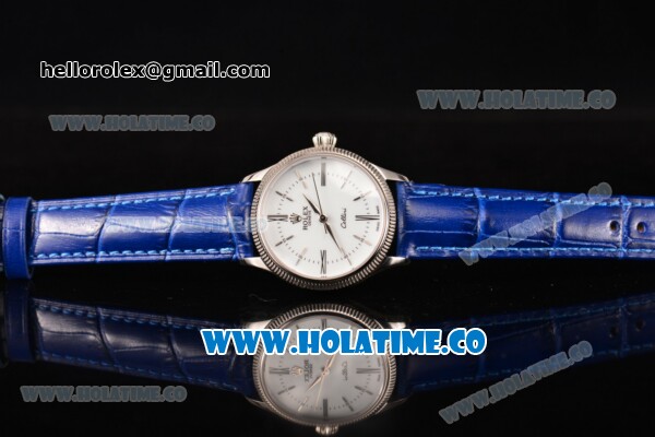 Rolex Cellini Time Asia 2813 Automatic Steel Case with White Dial Blue Leather Strap and Stick/Roman Numeral Markers - Click Image to Close