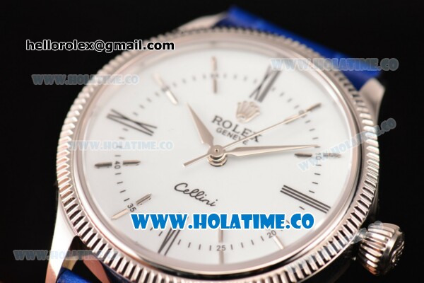 Rolex Cellini Time Asia 2813 Automatic Steel Case with White Dial Blue Leather Strap and Stick/Roman Numeral Markers - Click Image to Close