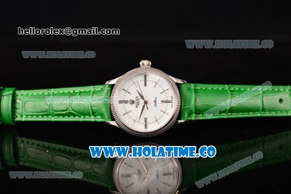 Rolex Cellini Time Asia 2813 Automatic Steel Case with White Dial Green Leather Strap and Stick/Roman Numeral Markers - Click Image to Close