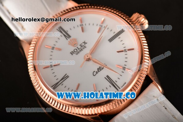Rolex Cellini Time Asia 2813 Automatic Rose Gold Case with White Dial White Leather Strap and Stick/Roman Numeral Markers - Click Image to Close