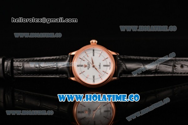 Rolex Cellini Time Asia 2813 Automatic Rose Gold Case with White Dial Black Leather Strap and Stick/Roman Numeral Markers - Click Image to Close