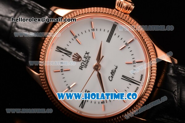 Rolex Cellini Time Asia 2813 Automatic Rose Gold Case with White Dial Black Leather Strap and Stick/Roman Numeral Markers - Click Image to Close