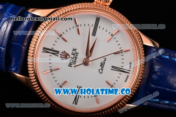 Rolex Cellini Time Asia 2813 Automatic Rose Gold Case with White Dial Blue Leather Strap and Stick/Roman Numeral Markers - Click Image to Close