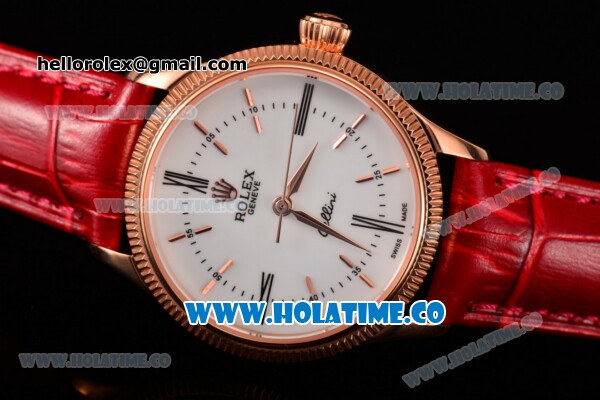 Rolex Cellini Time Asia 2813 Automatic Rose Gold Case with White Dial Red Leather Strap and Stick/Roman Numeral Markers - Click Image to Close