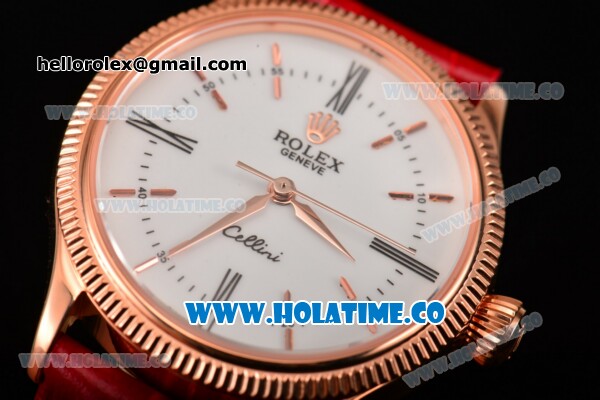 Rolex Cellini Time Asia 2813 Automatic Rose Gold Case with White Dial Red Leather Strap and Stick/Roman Numeral Markers - Click Image to Close