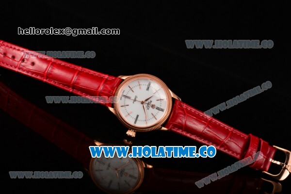 Rolex Cellini Time Asia 2813 Automatic Rose Gold Case with White Dial Red Leather Strap and Stick/Roman Numeral Markers - Click Image to Close