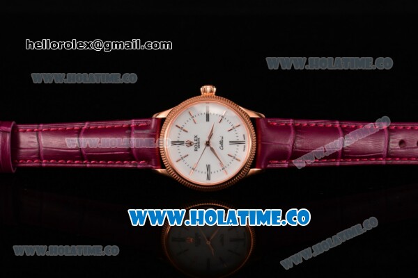 Rolex Cellini Time Asia 2813 Automatic Rose Gold Case with White Dial Burgundy Leather Strap and Stick/Roman Numeral Markers - Click Image to Close