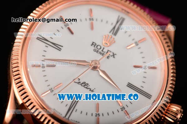 Rolex Cellini Time Asia 2813 Automatic Rose Gold Case with White Dial Burgundy Leather Strap and Stick/Roman Numeral Markers - Click Image to Close