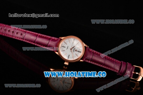 Rolex Cellini Time Asia 2813 Automatic Rose Gold Case with White Dial Burgundy Leather Strap and Stick/Roman Numeral Markers - Click Image to Close