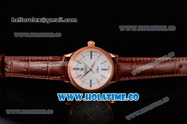 Rolex Cellini Time Asia 2813 Automatic Rose Gold Case with White Dial Brown Leather Strap and Stick/Roman Numeral Markers - Click Image to Close