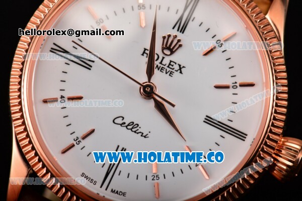 Rolex Cellini Time Asia 2813 Automatic Rose Gold Case with White Dial Brown Leather Strap and Stick/Roman Numeral Markers - Click Image to Close
