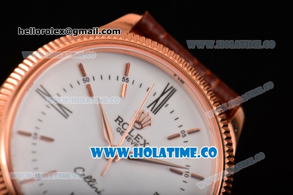 Rolex Cellini Time Asia 2813 Automatic Rose Gold Case with White Dial Brown Leather Strap and Stick/Roman Numeral Markers - Click Image to Close