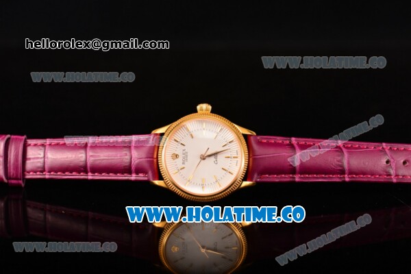 Rolex Cellini Time Asia 2813 Automatic Yellow Gold Case with White Dial Burgundy Leather Strap and Stick Markers - Click Image to Close
