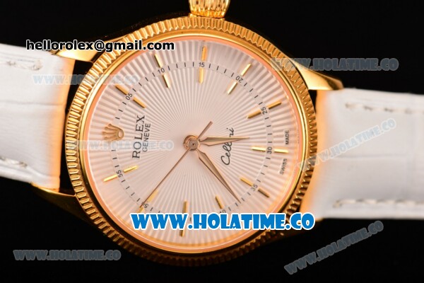 Rolex Cellini Time Asia 2813 Automatic Yellow Gold Case with White Dial White Leather Strap and Stick Markers - Click Image to Close