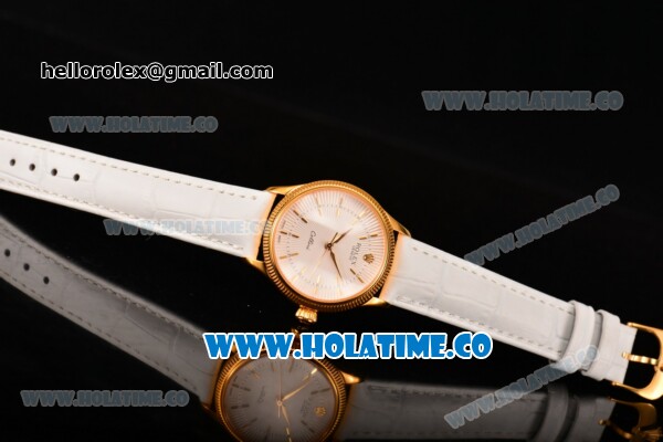 Rolex Cellini Time Asia 2813 Automatic Yellow Gold Case with White Dial White Leather Strap and Stick Markers - Click Image to Close