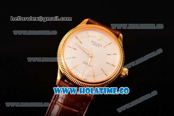 Rolex Cellini Time Asia 2813 Automatic Yellow Gold Case with White Dial Brown Leather Strap and Stick Markers - Click Image to Close