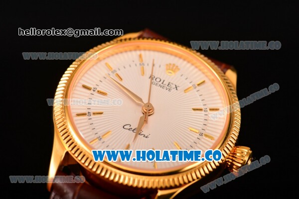 Rolex Cellini Time Asia 2813 Automatic Yellow Gold Case with White Dial Brown Leather Strap and Stick Markers - Click Image to Close