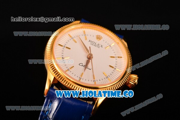 Rolex Cellini Time Asia 2813 Automatic Yellow Gold Case with White Dial Blue Leather Strap and Stick Markers - Click Image to Close