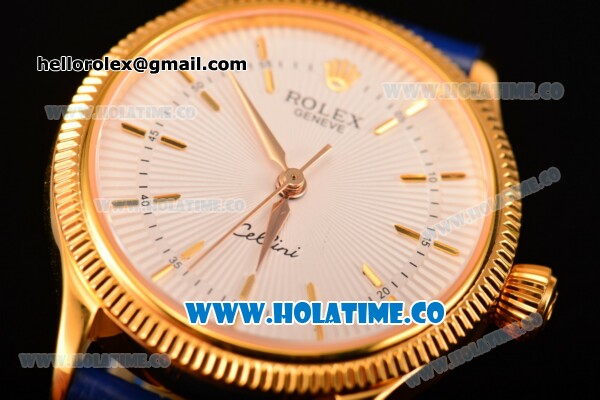 Rolex Cellini Time Asia 2813 Automatic Yellow Gold Case with White Dial Blue Leather Strap and Stick Markers - Click Image to Close