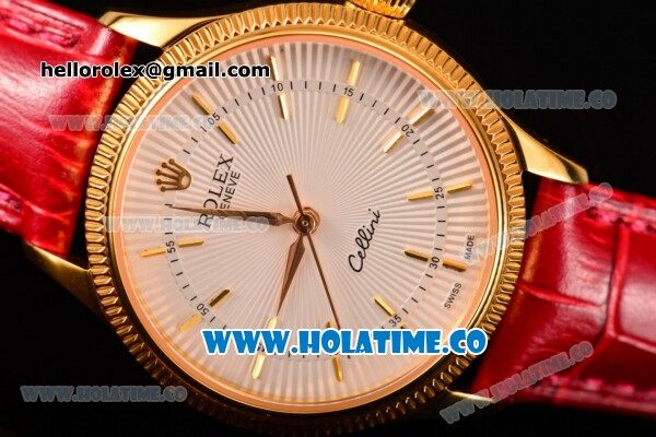 Rolex Cellini Time Asia 2813 Automatic Yellow Gold Case with White Dial Red Leather Strap and Stick Markers - Click Image to Close