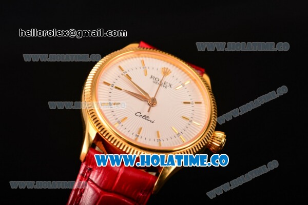 Rolex Cellini Time Asia 2813 Automatic Yellow Gold Case with White Dial Red Leather Strap and Stick Markers - Click Image to Close