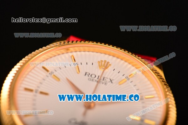 Rolex Cellini Time Asia 2813 Automatic Yellow Gold Case with White Dial Red Leather Strap and Stick Markers - Click Image to Close