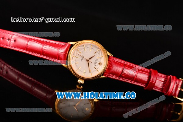 Rolex Cellini Time Asia 2813 Automatic Yellow Gold Case with White Dial Red Leather Strap and Stick Markers - Click Image to Close