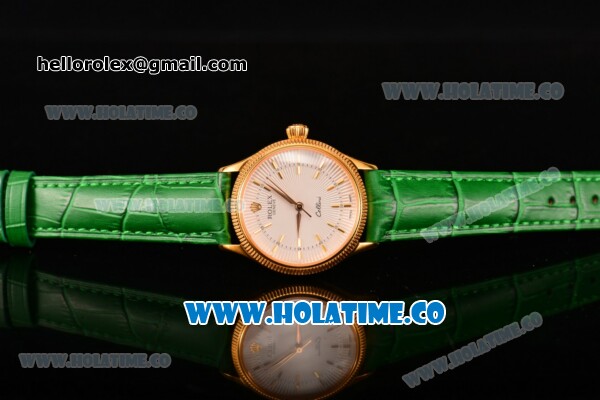 Rolex Cellini Time Asia 2813 Automatic Yellow Gold Case with White Dial Green Leather Strap and Stick Markers - Click Image to Close