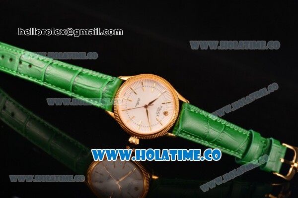 Rolex Cellini Time Asia 2813 Automatic Yellow Gold Case with White Dial Green Leather Strap and Stick Markers - Click Image to Close