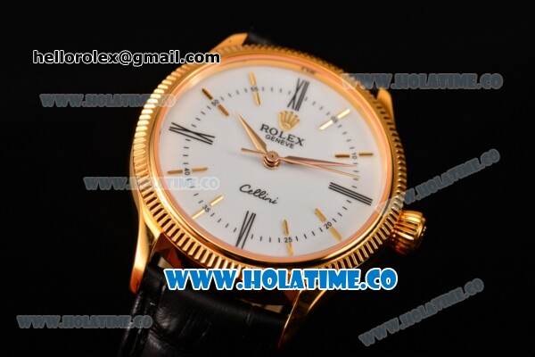Rolex Cellini Time Asia 2813 Automatic Yellow Gold Case White Dial Black Leather Strap and Stick/Roman Numeral Markers - Click Image to Close