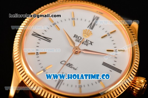 Rolex Cellini Time Asia 2813 Automatic Yellow Gold Case White Dial Black Leather Strap and Stick/Roman Numeral Markers - Click Image to Close