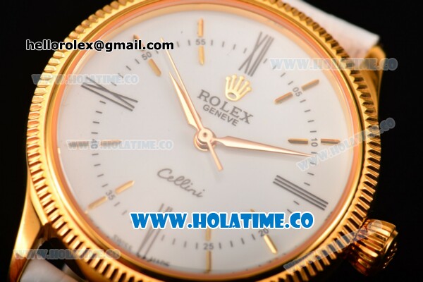 Rolex Cellini Time Asia 2813 Automatic Yellow Gold Case White Dial White Leather Strap and Stick/Roman Numeral Markers - Click Image to Close