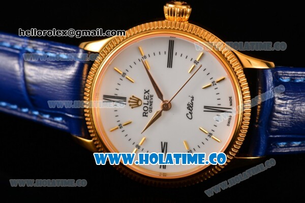 Rolex Cellini Time Asia 2813 Automatic Yellow Gold Case White Dial Blue Leather Strap and Stick/Roman Numeral Markers - Click Image to Close