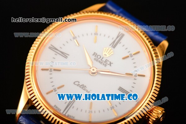 Rolex Cellini Time Asia 2813 Automatic Yellow Gold Case White Dial Blue Leather Strap and Stick/Roman Numeral Markers - Click Image to Close