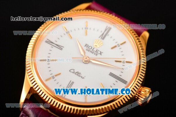 Rolex Cellini Time Asia 2813 Automatic Yellow Gold Case White Dial Burgundy Leather Strap and Stick/Roman Numeral Markers - Click Image to Close